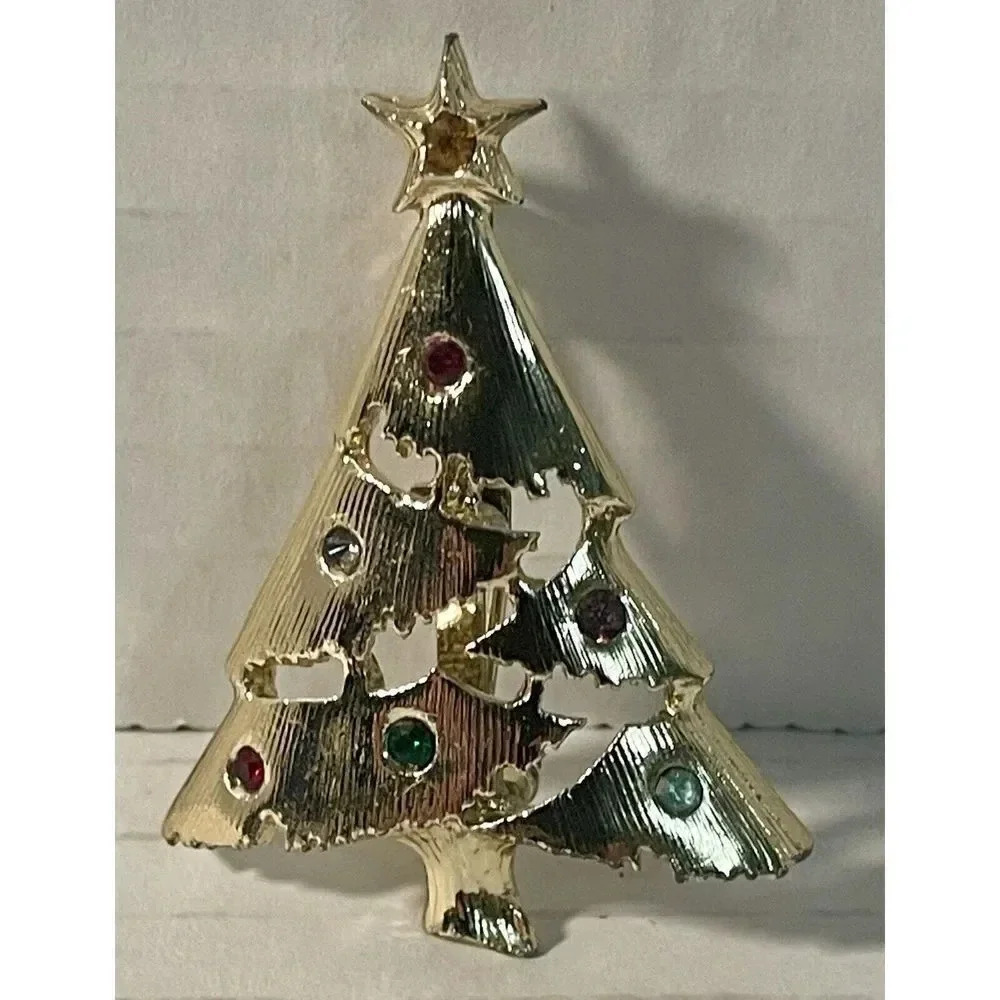 Vintage Christmas Holiday Brooch Gold Tone Enameled Faux Stone Tree Pin 1.75”